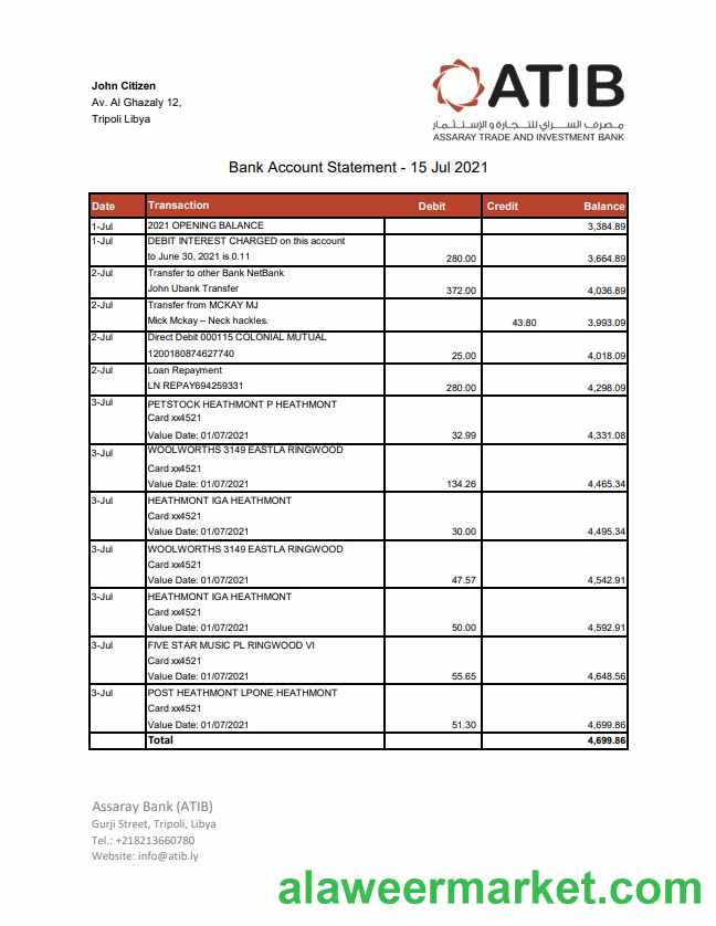 Libya Assaray Bank (ATIB) statement easy to fill template in Excel and PDF format
